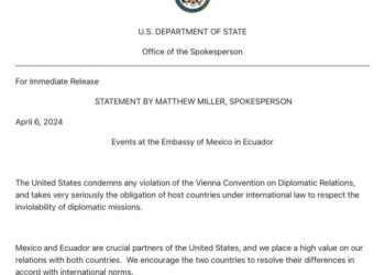 EE.UU. CONDENA VIOLACIÓN DE EMBAJADA MEXICANA EN ECUADOR