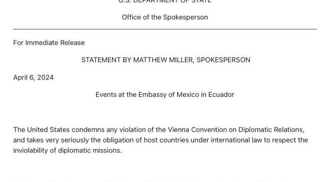 EE.UU. CONDENA VIOLACIÓN DE EMBAJADA MEXICANA EN ECUADOR