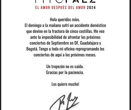 FITO PAEZ, POR ACCIDENTE DOMÉSTICO CANCELÓ ACTUACIÓN EN EL ZÓCALO