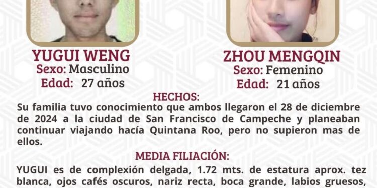 CAMPECHE: DESAPARECEN DOS TURISTAS CHINOS