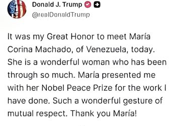 MARINA CORINA MACHADO OBSEQUIÓ SU MEDALLA PREMIO NOBEL DE LA PAZ A DONALD TRUMP