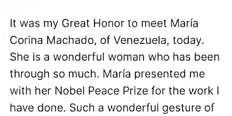 MARINA CORINA MACHADO OBSEQUIÓ SU MEDALLA PREMIO NOBEL DE LA PAZ A DONALD TRUMP