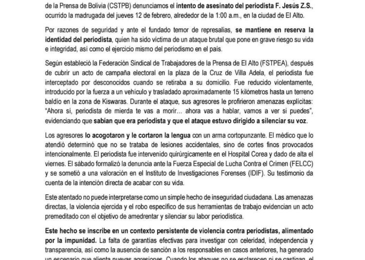 BOLIVIA: DENUNCIAN INTENTO DE ASESINATO CONTRA PERIODISTA, LO SECUESTRAN Y CORTAN LA LENGUA PARA SILENCIARLO